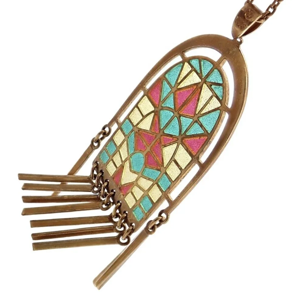 Authentic! Mikimoto 18k Yellow Gold Stained Glass Window Pendant Necklace